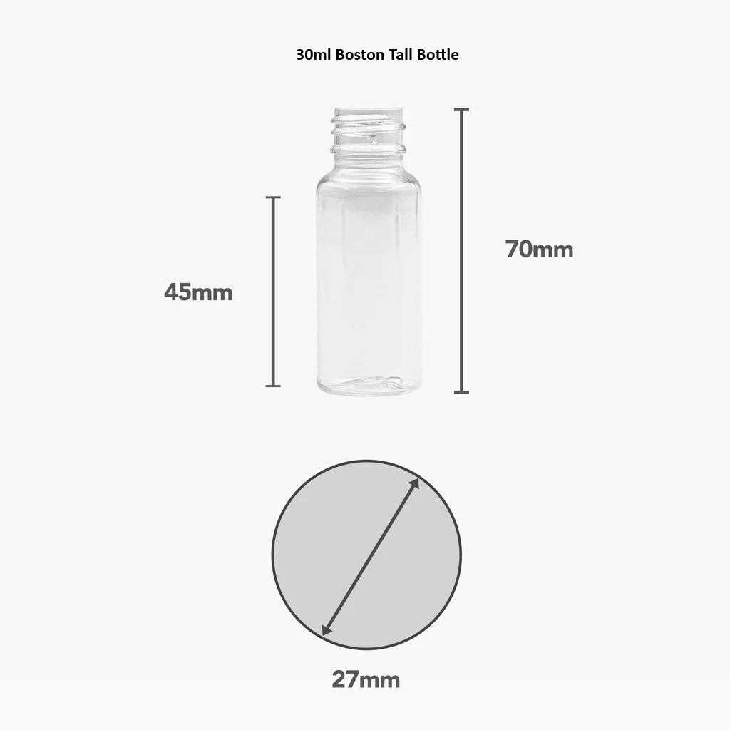 PET Boston Tall Range (24mm neck) - No Closure - Clear